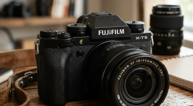 Fujifilm X-T5 camera with Fujinon XF 18-55mm lens on wooden surface