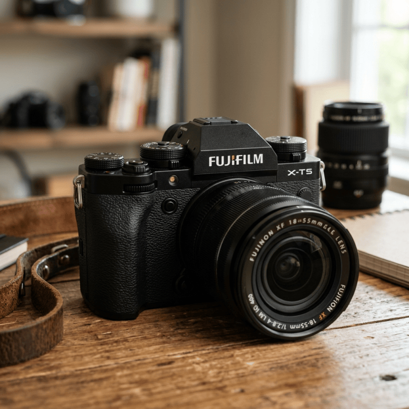 Fujifilm X-T5 camera with Fujinon XF 18-55mm lens on wooden surface